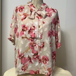 💐 Calvin Klein Tie-neck Blouse Sz XL in Cream/Pink Floral Motif